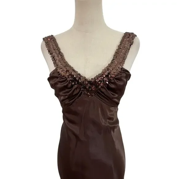 Vtg 90s Zum Zum brown satin dress sequin straps evening gown ruched low back 3/4 - Picture 2 of 8